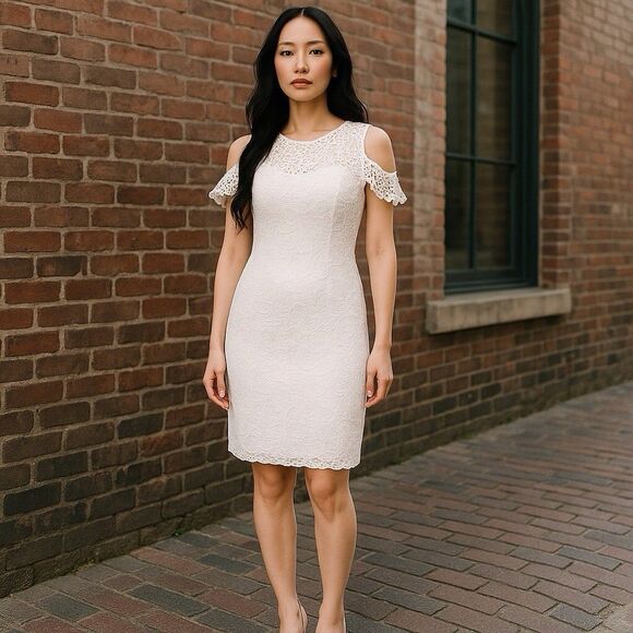 Ambiance SIZE Large Lace Croquette Romantic Fitted Cold Shoulder Mini Dress - Picture 1 of 10